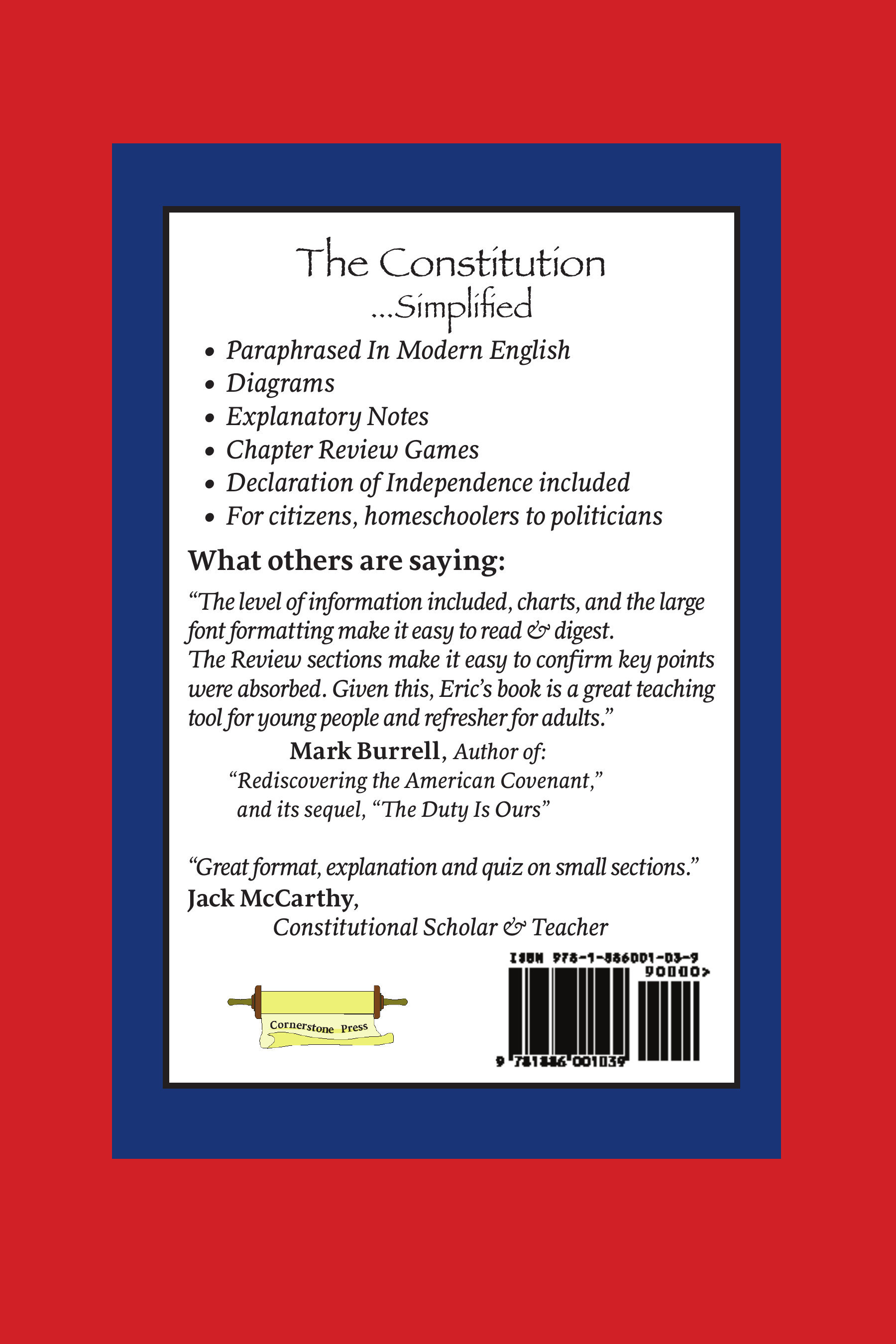 Back cover of The Constitution Simplified, listing its features and reader testimonials, with ISBN and barcode